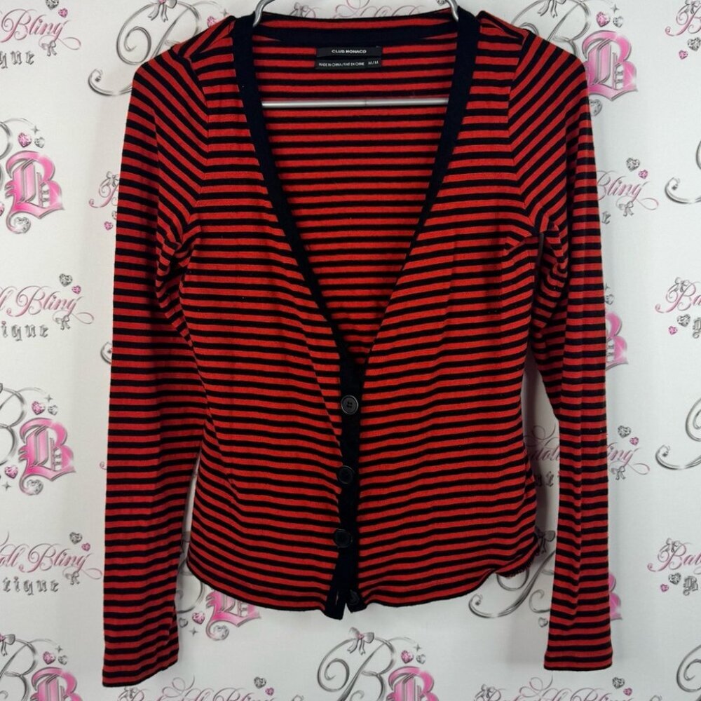 Club Monaco cardigan button up stripes wool cashmere Black Red Striped Sweater